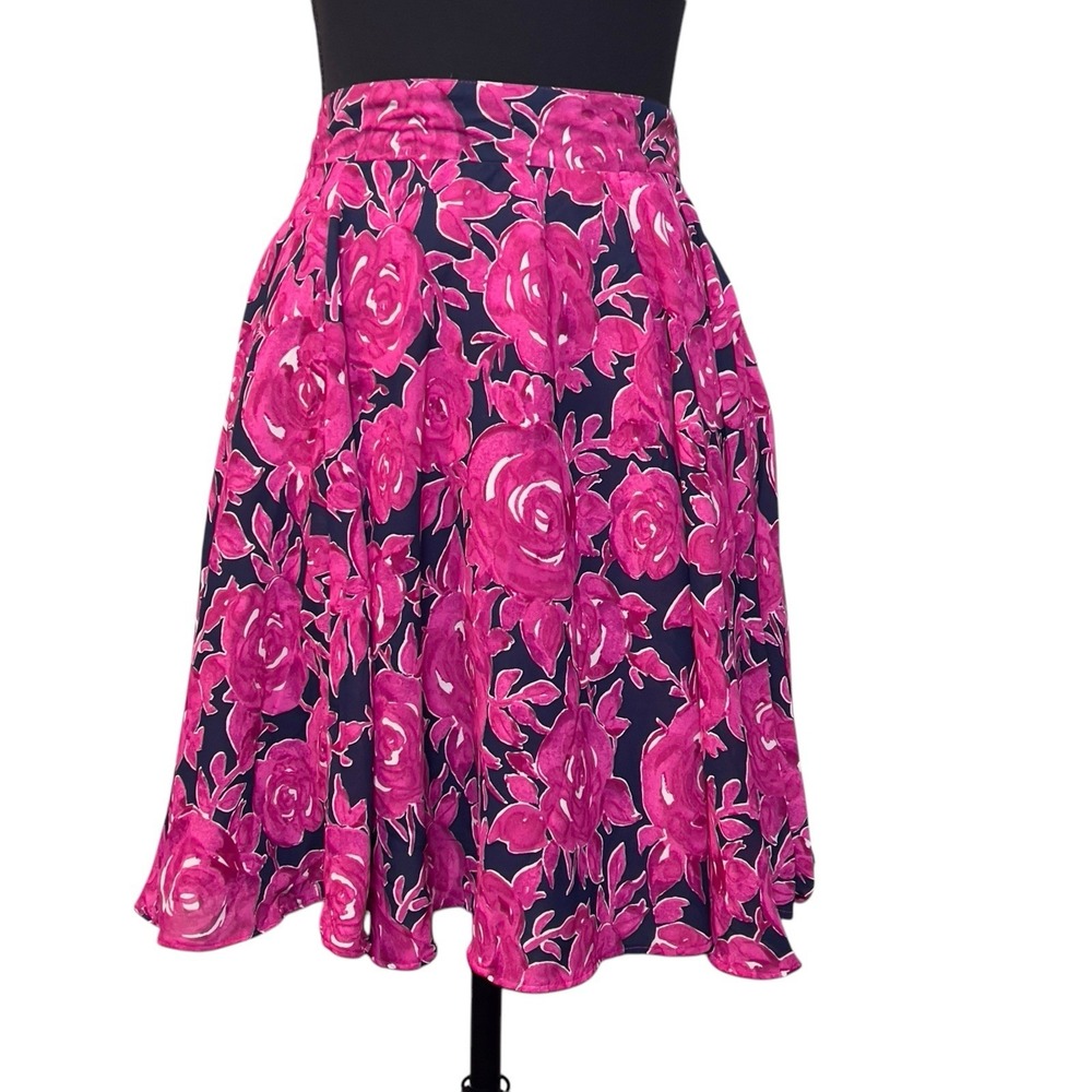 Maison Jules Blue Notte Co Navy Pink Floral Full Swing Skirt Large Lined Zip NEW